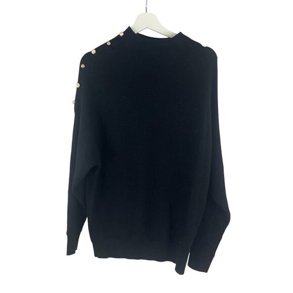 Belldini Womens Button Shoulder Sweater L Black Grandmacore Neutral Oversized - Picture 1 of 5